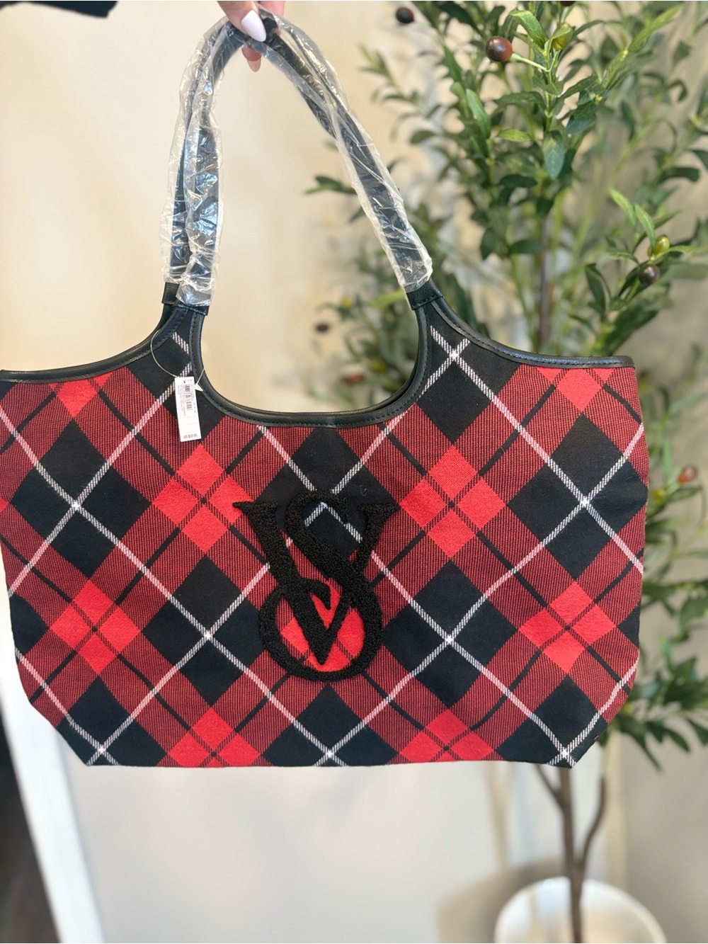 Victoria’s Secret Plaid Red and Black Tote with Embroidered Logo
